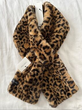 NWT Calvin Klein Leopard Print Faux Fur Scarf - Brown & Black
